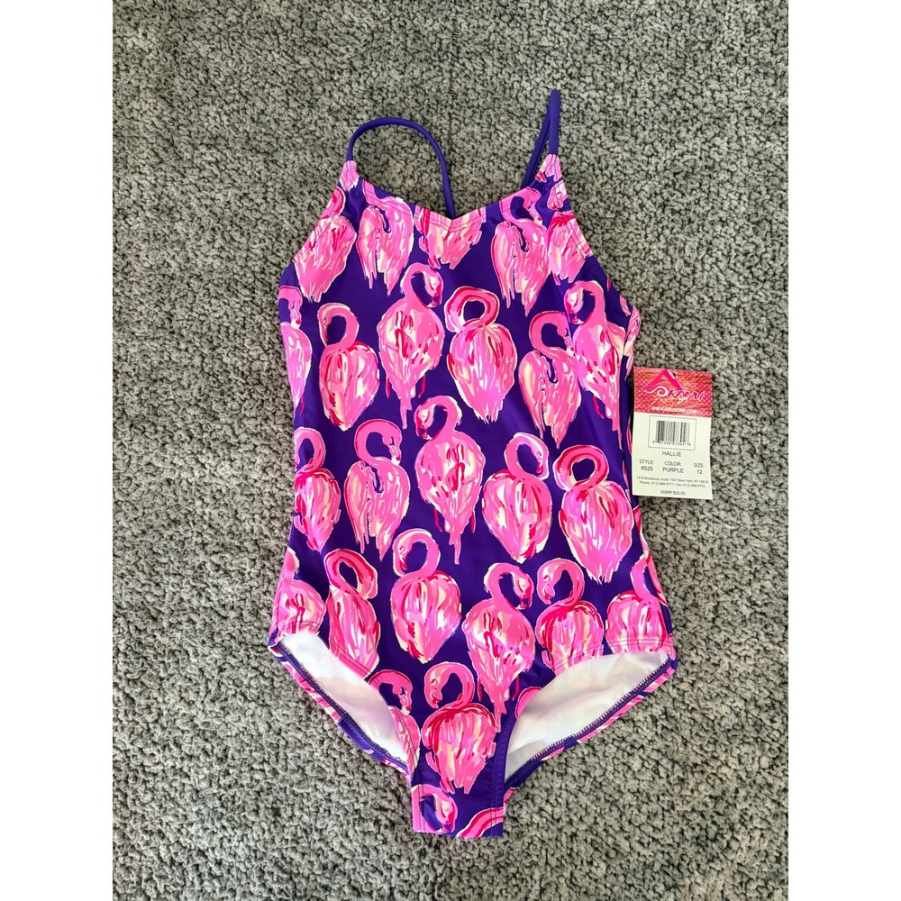Kanu Surf Girl's Kid's Swimsuit 12 Purple Pink Flamingo One Piece Beach NWT